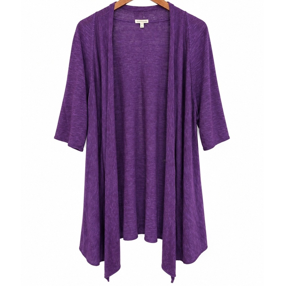 Eileen Fisher Cardigan Women XL Purple Linen Cotton Open Front Long Duster
